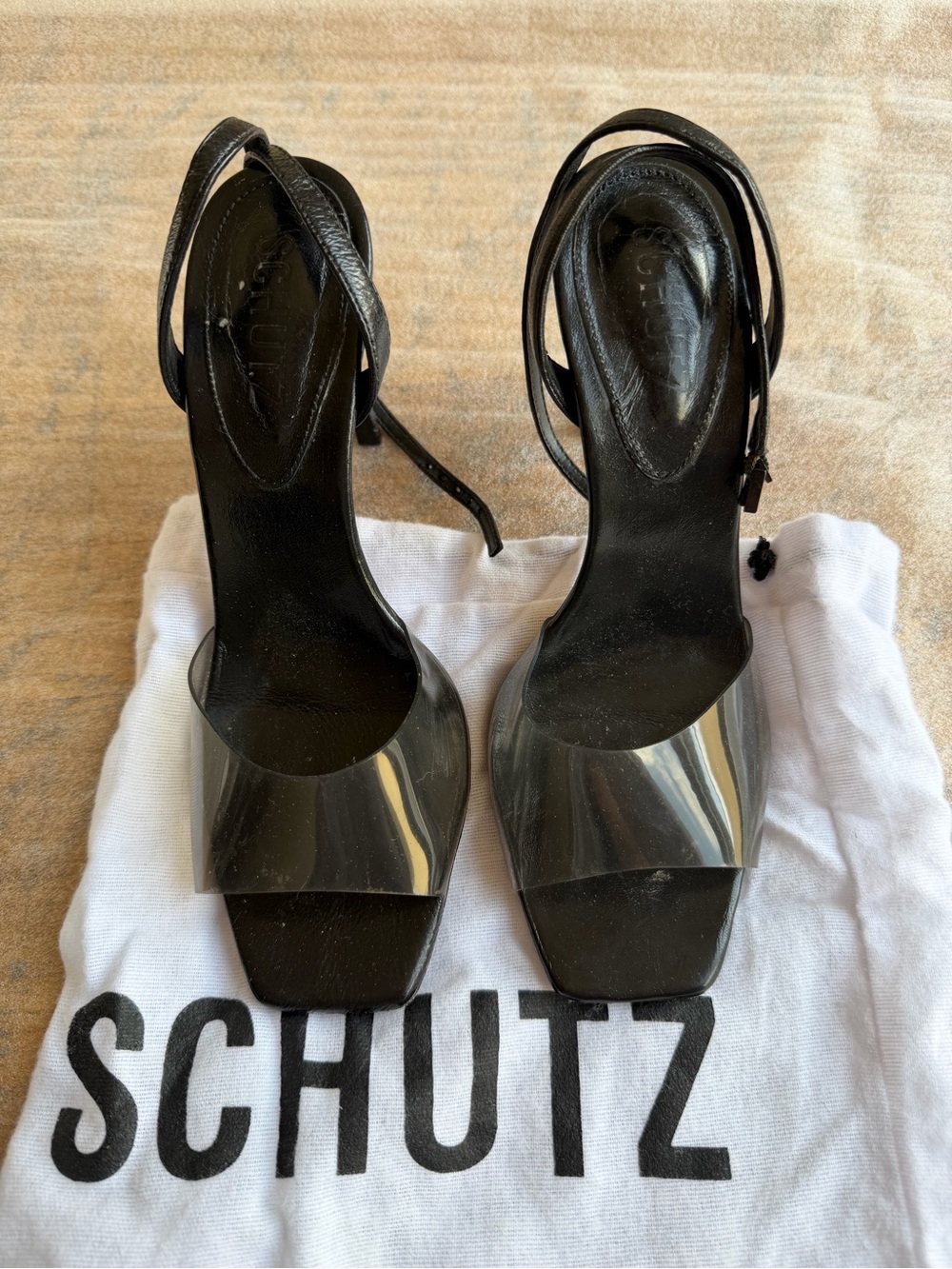 SCHUTZ Black Patent Leather & Clear PVC Square-Toe Slingback Heels